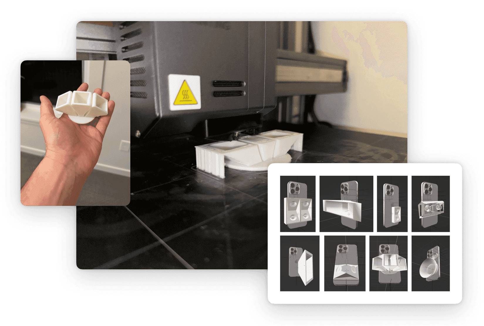 A collage of a 3D printed tri-speaker, a photo of a 3D printer, and a grid of 8 3D models of speaker forms