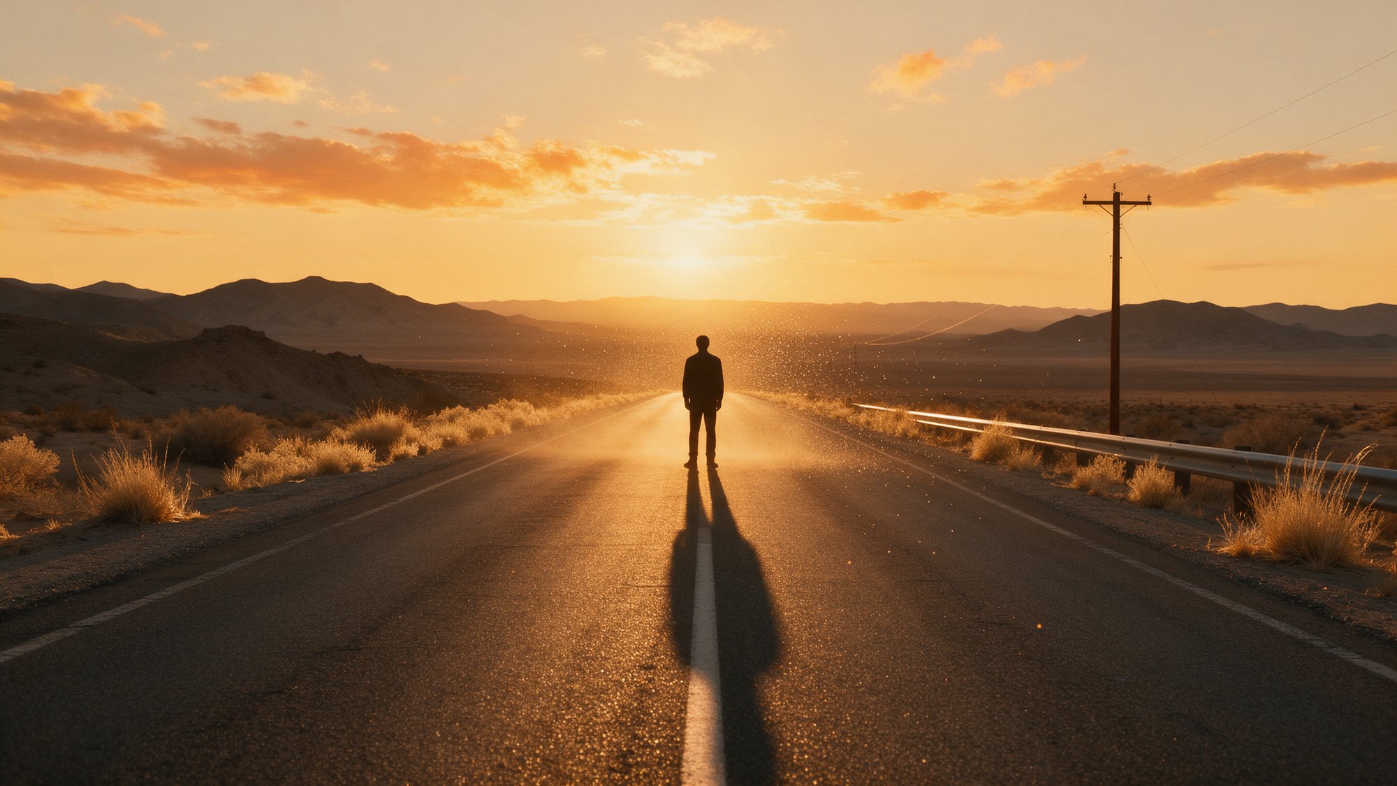 Man standing on a desert highway at sunset