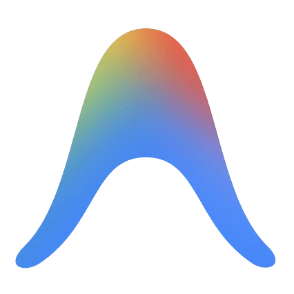 A stylized, abstract shape resembling a gradient arch blends vibrant colors like red, orange, yellow, green, and blue against a solid black background.