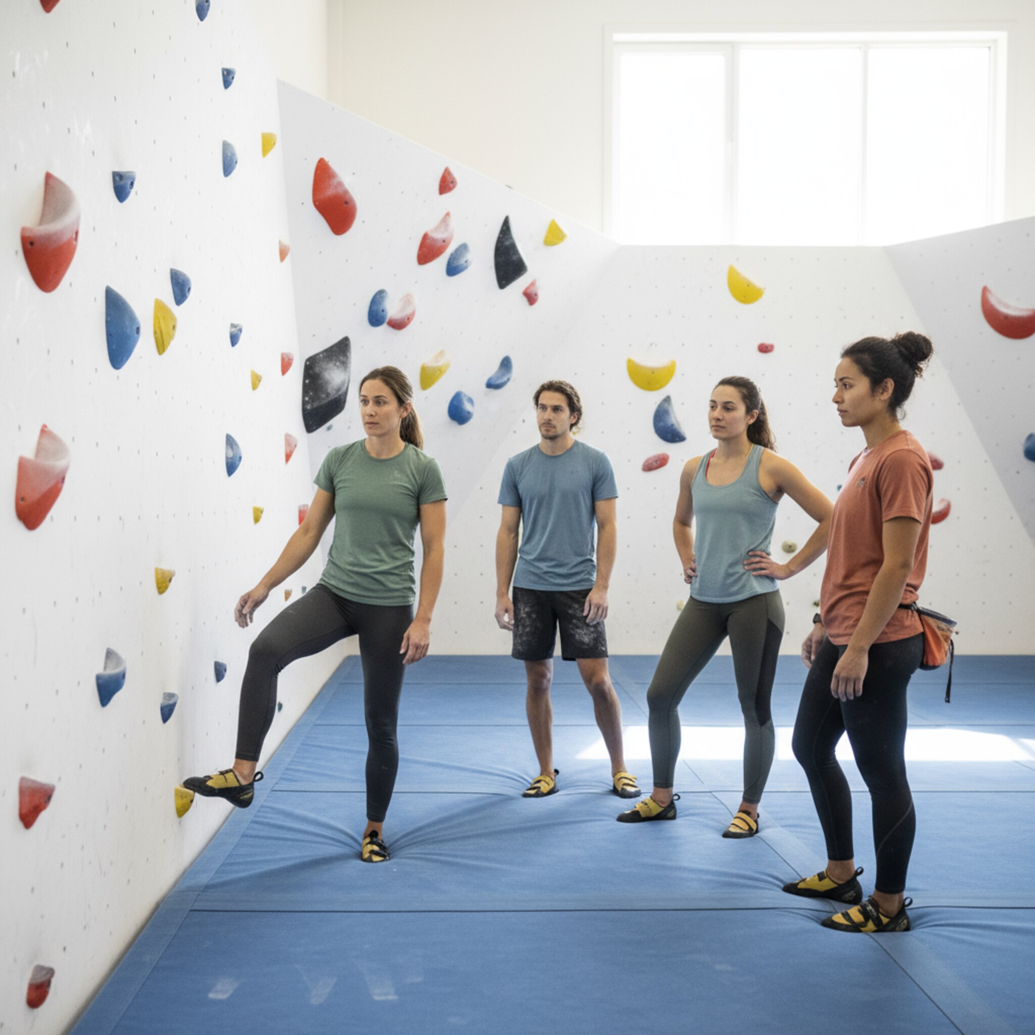 Ein Trainer zeigt an einer leichten Route die richtige Fußtechnik, drei Teilnehmende beobachten aufmerksam. Die Halle ist hell, Markierungen sind dezent sichtbar. Über der Matte liegt eine ruhige, konzentrierte Stimmung. Es wirkt strukturiert und motivierend.
