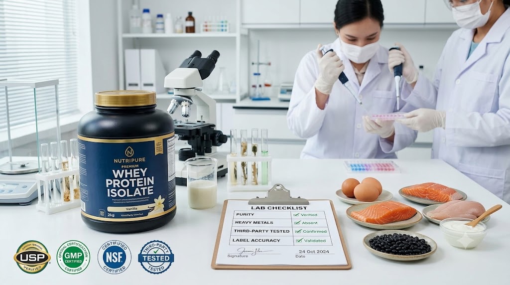 A commercial quality photograph in a clean white laboratory. A premium dark blue protein powder container labeled 'NutriPure' with certification badges sits next to a glass beaker, microscope, and test tubes. On a clipboard, a checklist with green checkmarks confirms tests for Purity, Heavy Metals, Third-Party Tested, and Label Accuracy. Natural whole food protein sources like eggs, salmon, and beans are also present on the counter.