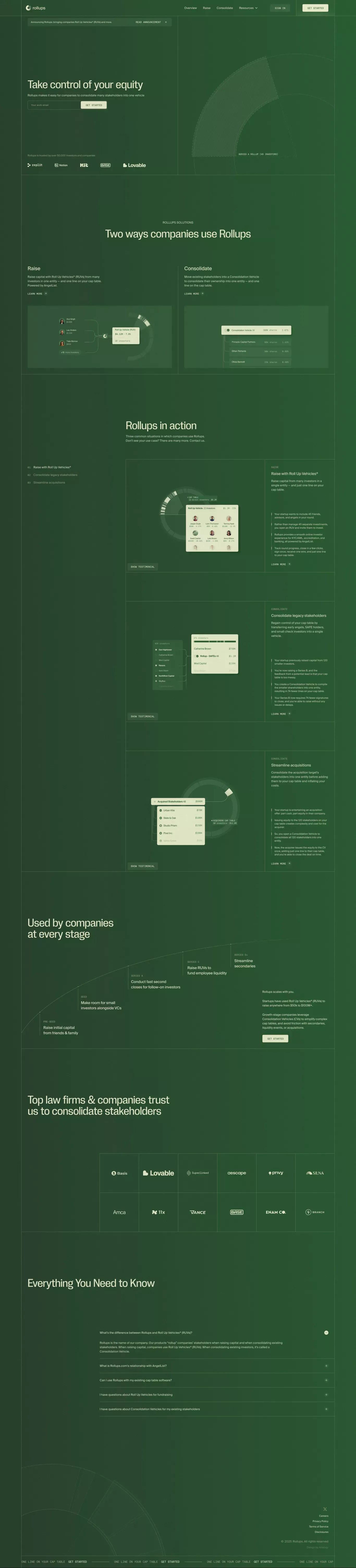 Rollups landing page screenshot showcasing Finance and Tech design