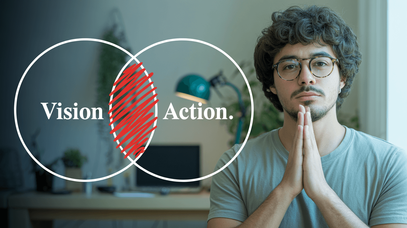 Ali Abdaal-style motivation advice thumbnail with vision-action Venn diagram and thoughtful portrait