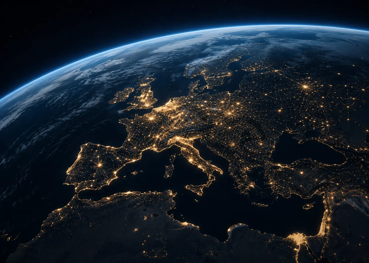 Vue satellite de l’Europe de nuit, représentant les services de production premium de SEMA sur la Côte d’Azur et à l’international.