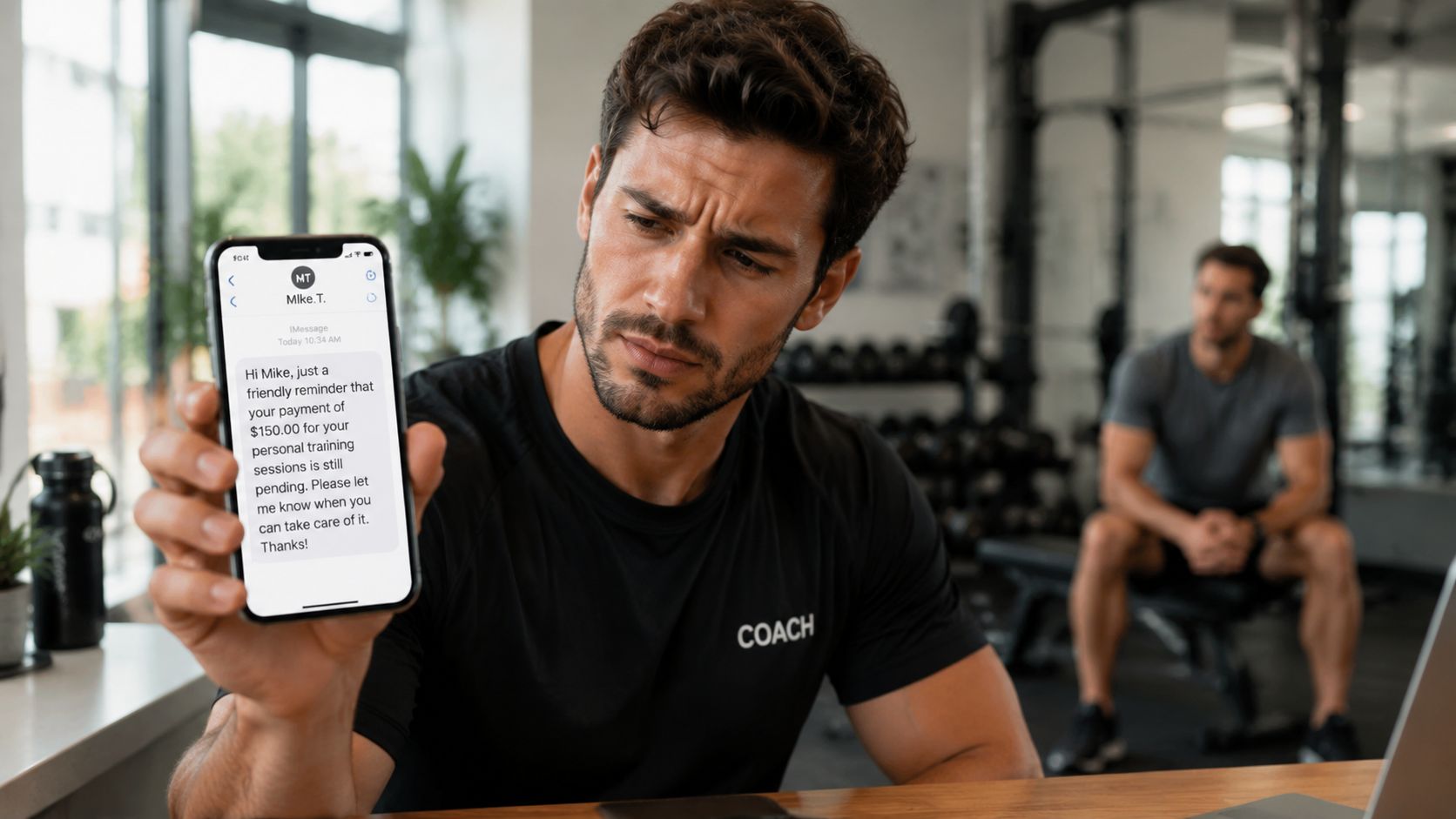 A fitness coach looks concerned while showing a phone message about a pending personal training payment.