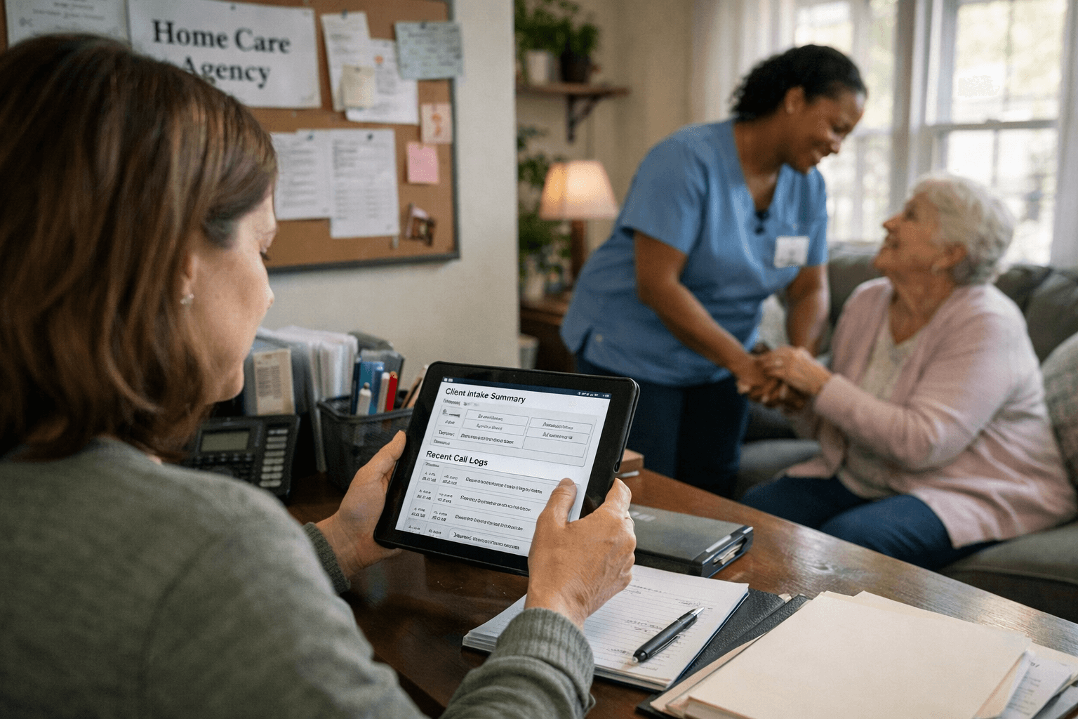 Care coordinator in a small home care office reviewing client intake and call logs on a tablet, while a caregiver warmly holds an elderly woman’s hands in the softly lit background.