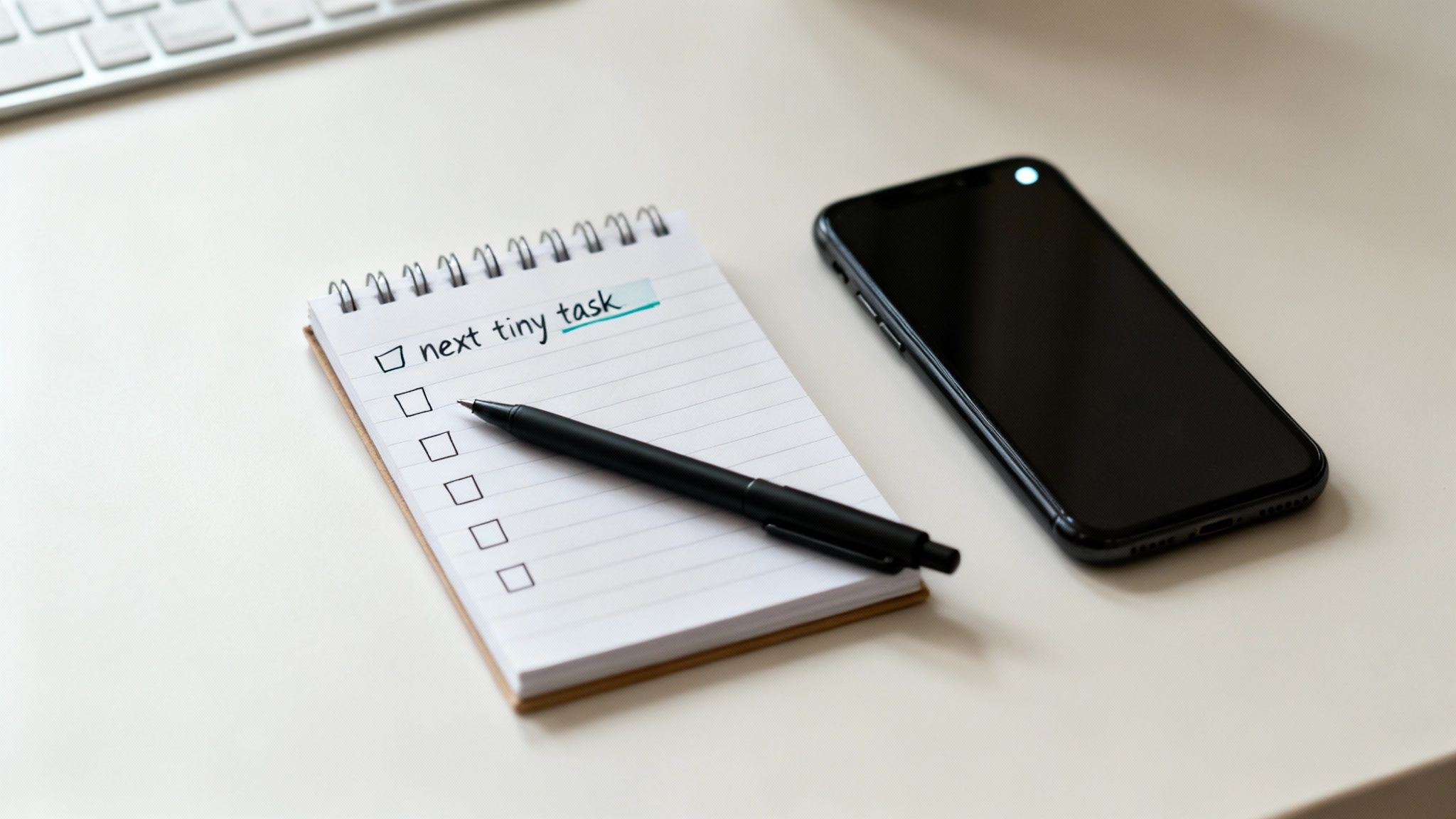 A person looking thoughtfully at a messy desk with unfinished projects, papers, and a laptop.