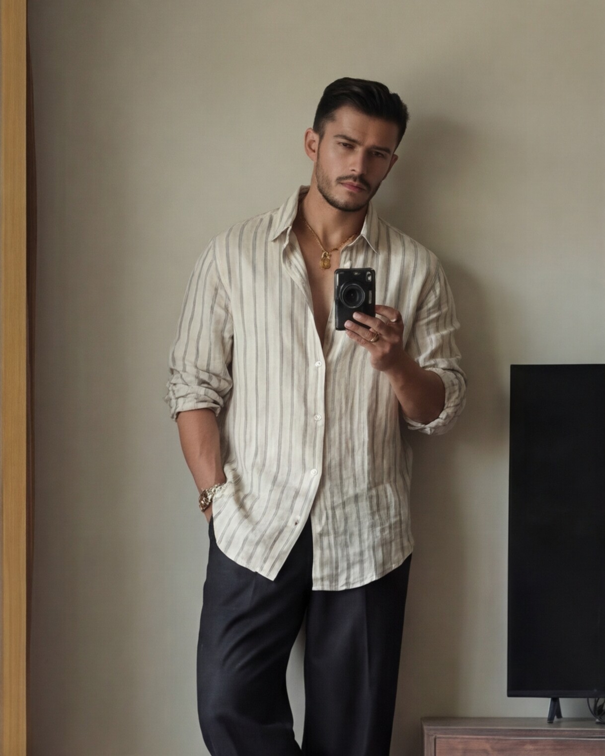 Beige Linen Shirt with Charcoal Relaxed Trousers