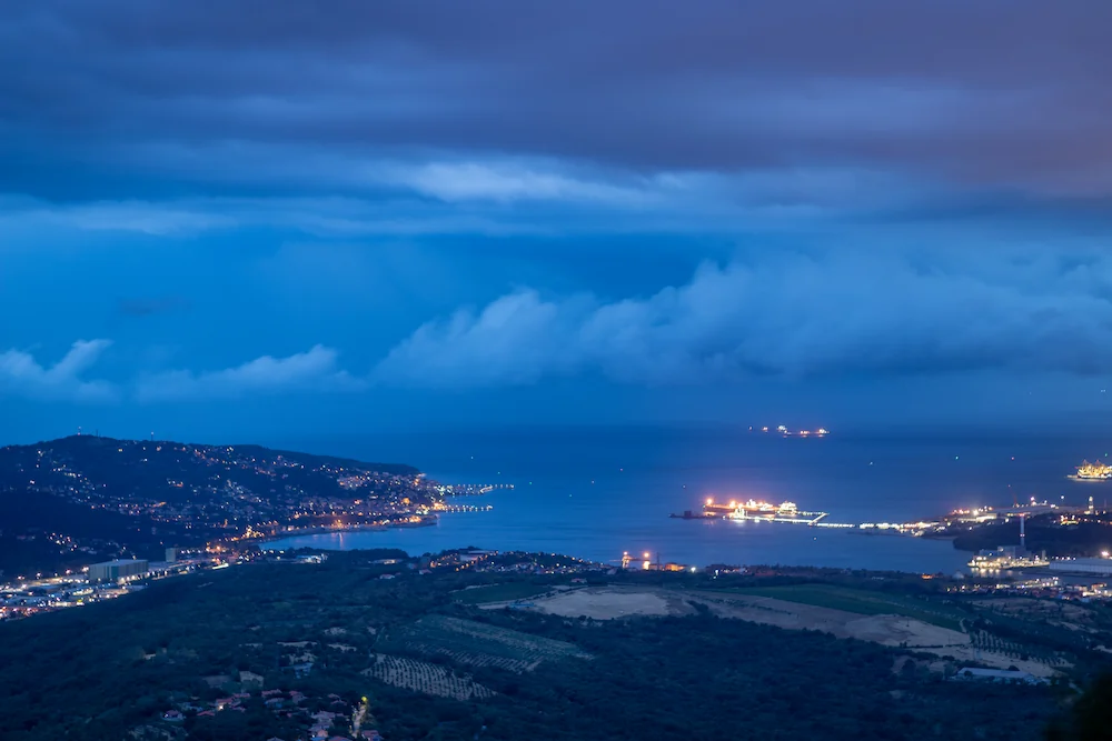 Dark clouds over the bay of Trieste as viewed from Soveb viewpoint in Slovenia