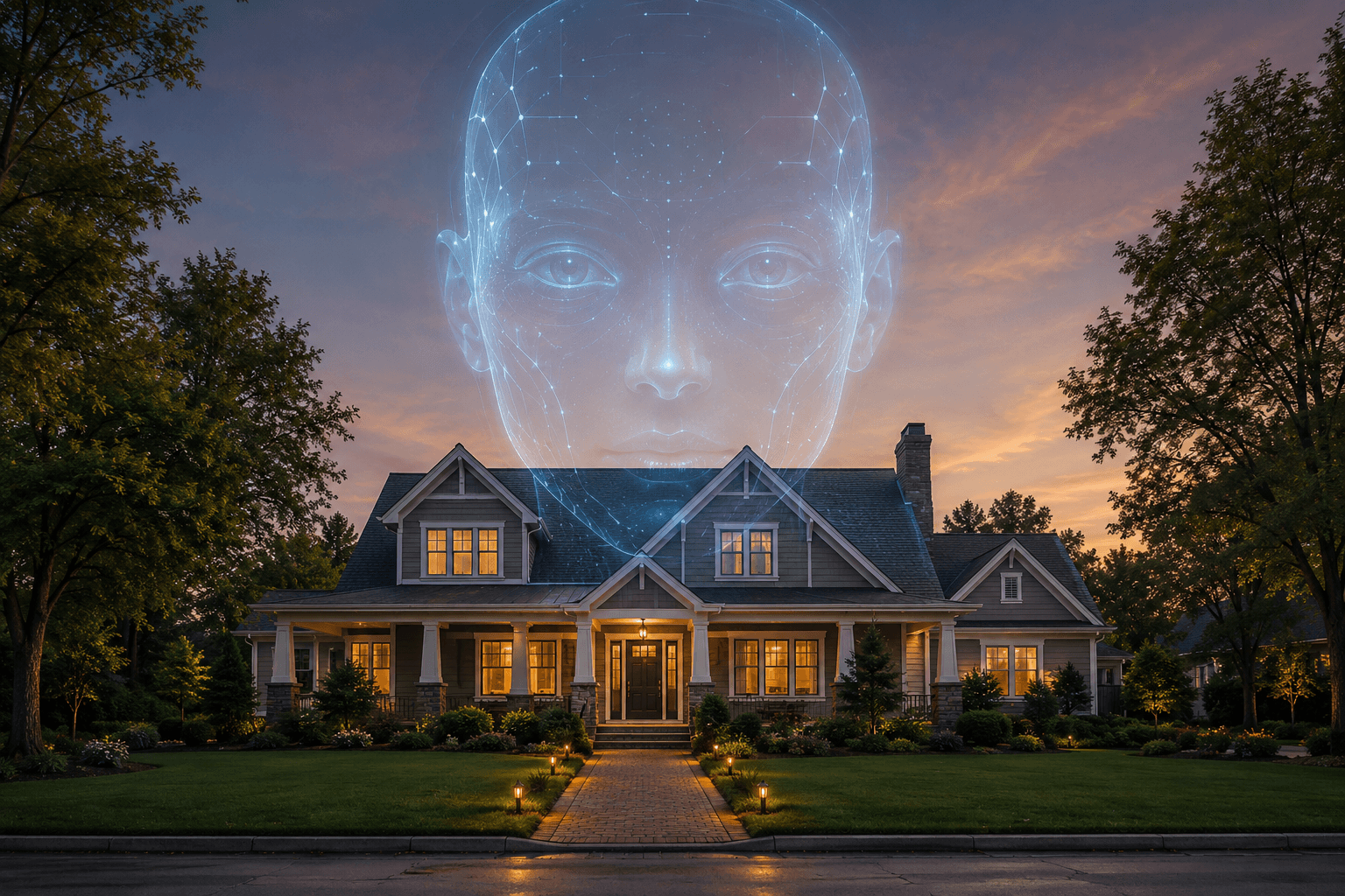 Conceptual graphic of an AI robot face layered over a luxury single-family home in Danville, California, illustrating the gap between automated real estate valuation algorithms and human strategy.