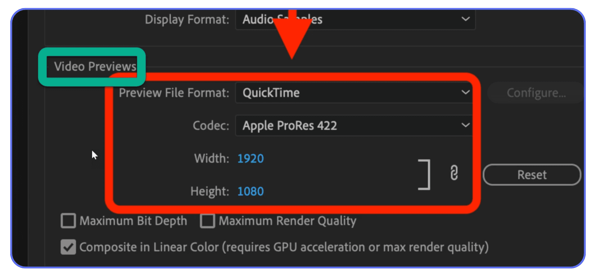 Premiere Pro export settings window highlighting Apple ProRes 422 codec under Video Previews section.
