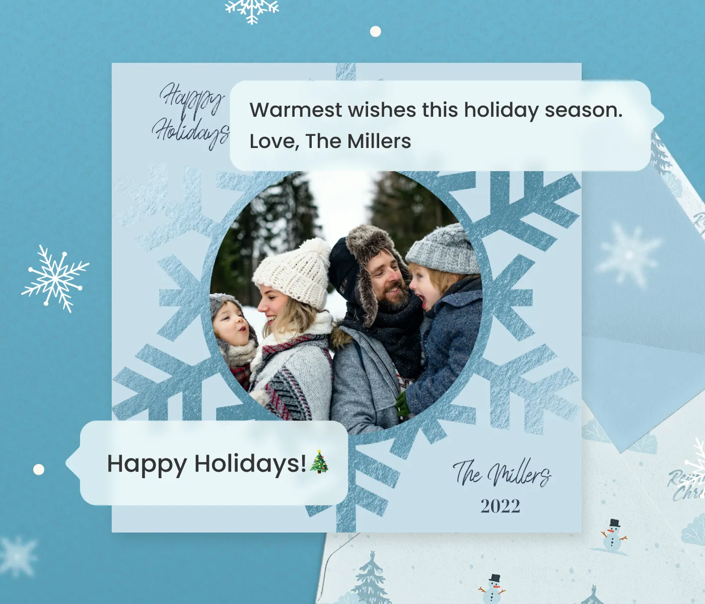 Holiday card with a winter family photo and 'Happy Holidays' greeting text bubbles
