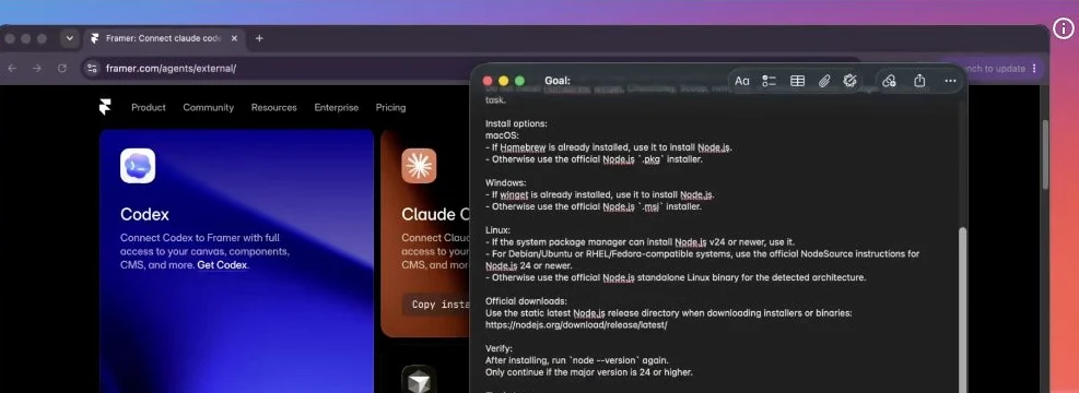 Framer's external-agent page beside the setup instructions for Node.js and the Framer agent command.
