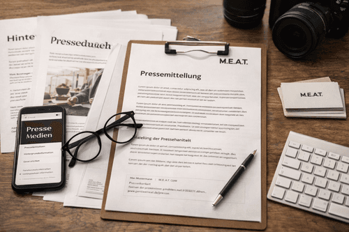 Presseunterlagen mit Kamera, Smartphone und redaktionellen Arbeitsmitteln