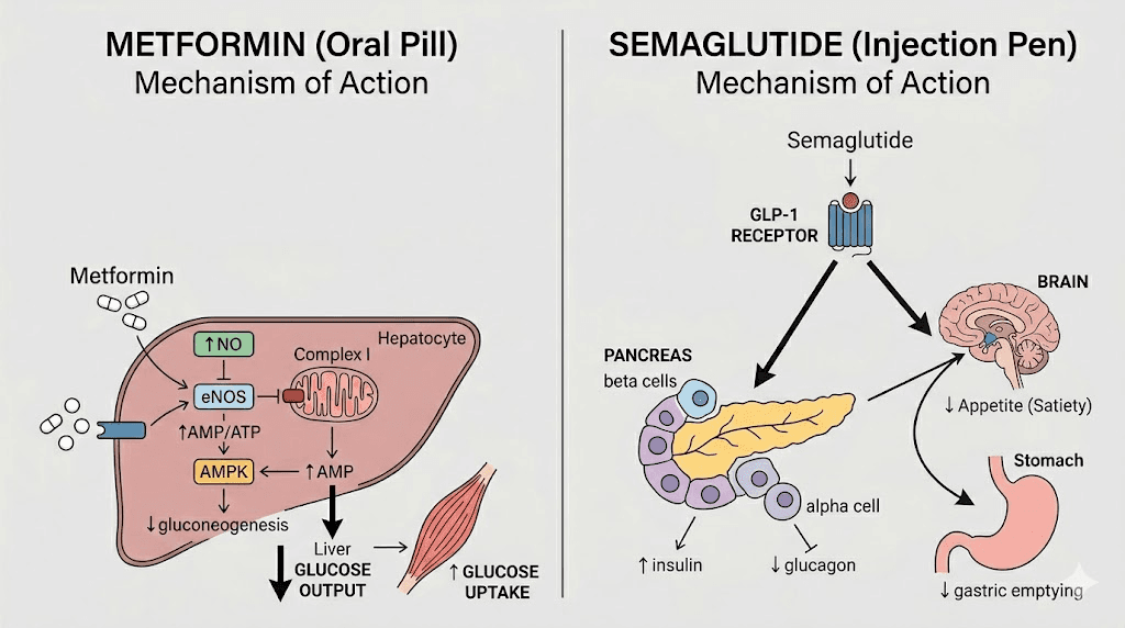 How metformin and semaglutide work through different metabolic pathways