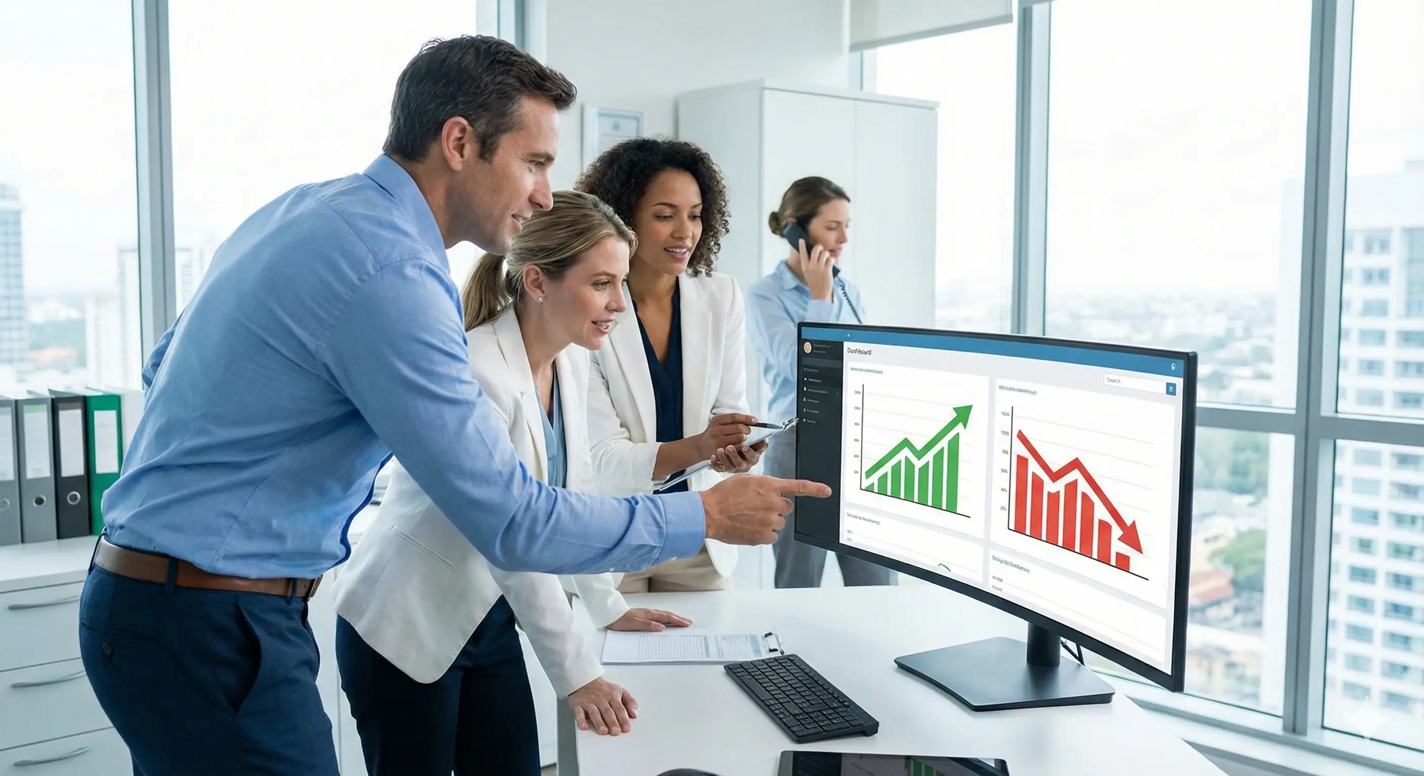 A talent recruiter with a soft smile working on her laptop in the office. The angle is on her face so we can't see what's is on the screen. She is wearing a blazer