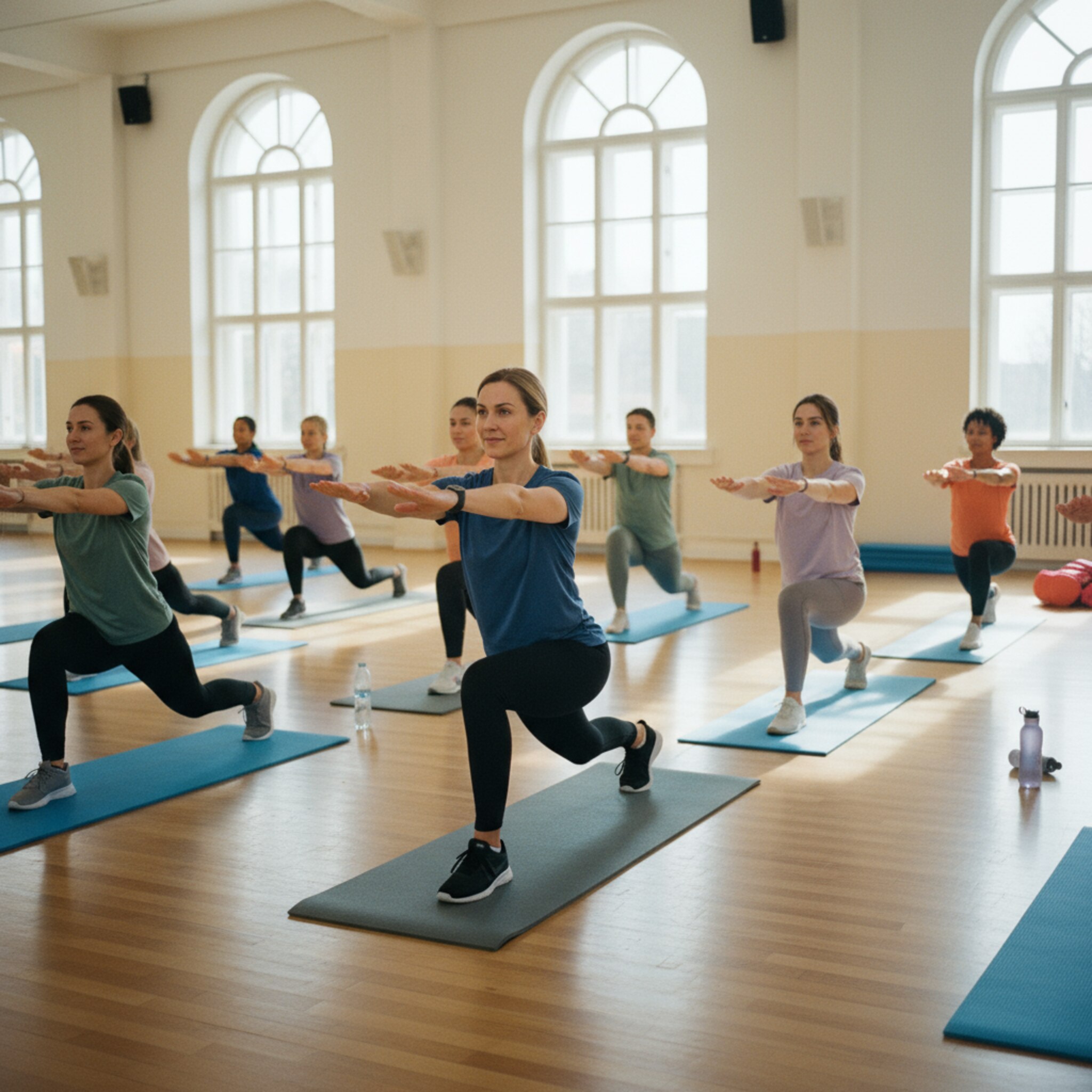 In einer hellen Mehrzweckhalle führt eine Trainerin eine dynamische Aufwärmübung an. Eine Gruppe folgt im gleichmäßigen Rhythmus, Turnmatten liegen sauber ausgerichtet. Sonnenlicht fällt durch hohe Fenster auf den Holzfußboden. Man spürt Motivation, klare Struktur und ein gemeinsames Ziel.