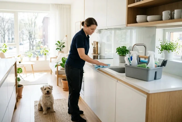 En städare torkar av en köksbänk medan en hund tittar på