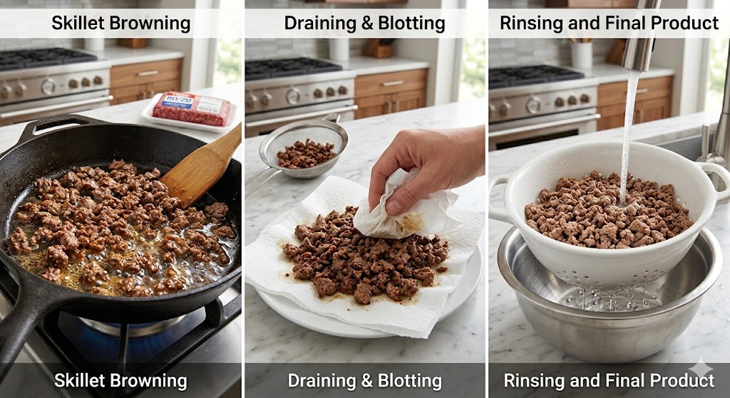 A three-panel guide showing how to reduce fat from ground beef: first, browning in a skillet with grease; second, draining and blotting with paper towels; third, rinsing in a colander for a lean final product.