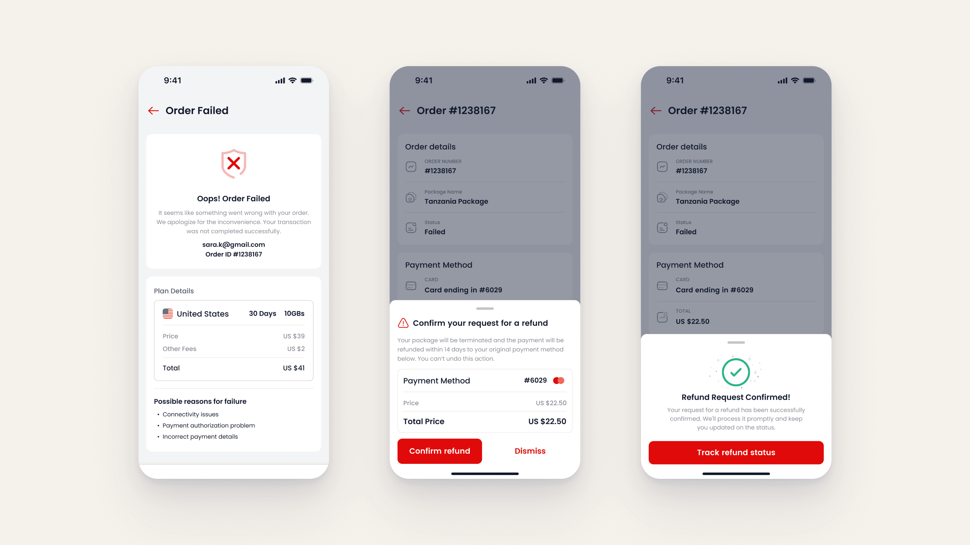 The unhappy path: order failed with its reasons, the refund request sheet, and the confirmation