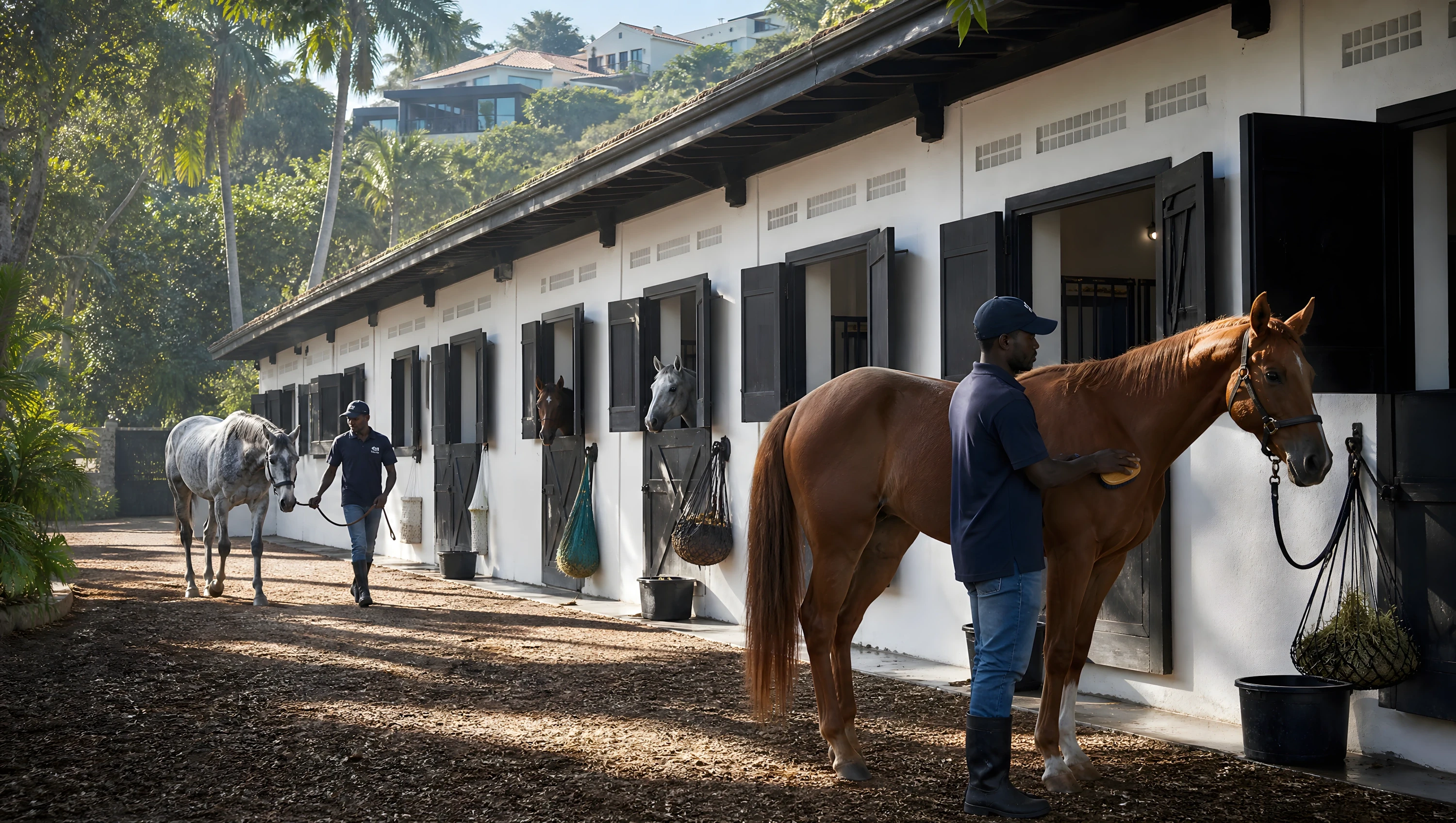 Rendered stable block with grooms tending horses at open stall doors, palms and hillside homes behind