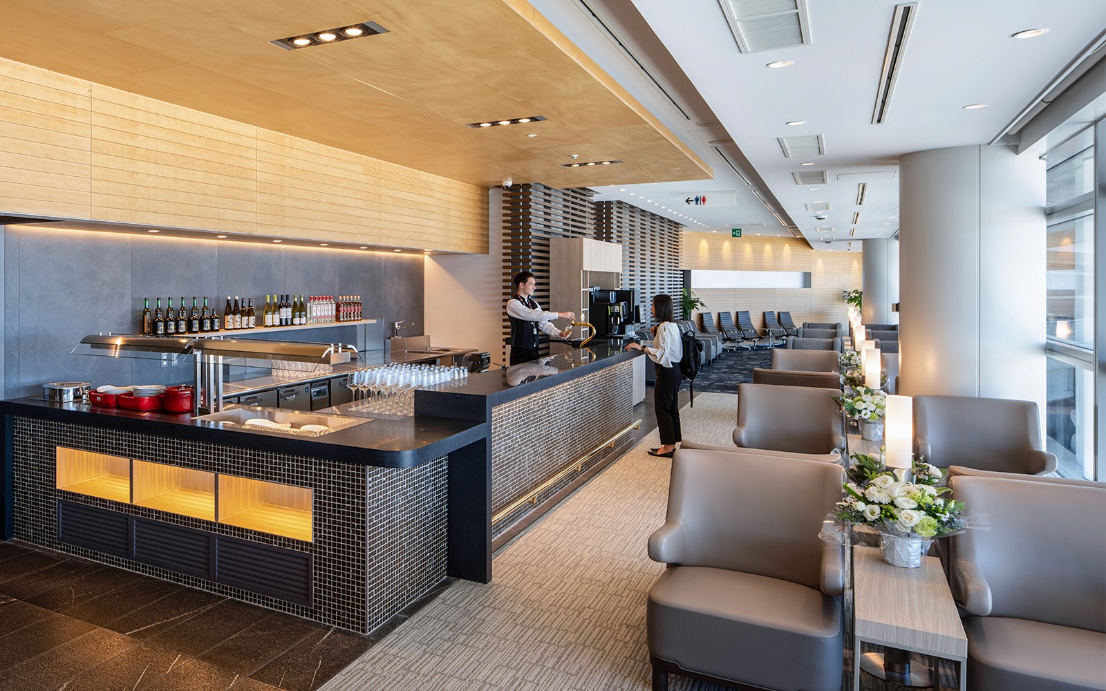 Plaza Premium Lounge seating and bar area at Chubu Centrair International Airport, Nagoya.