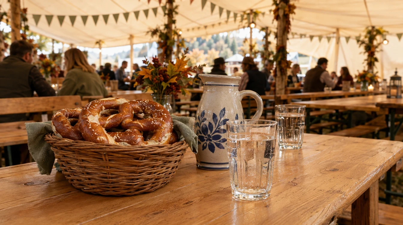 Pretzels, ceramic pitcher, and glasses on a festival table