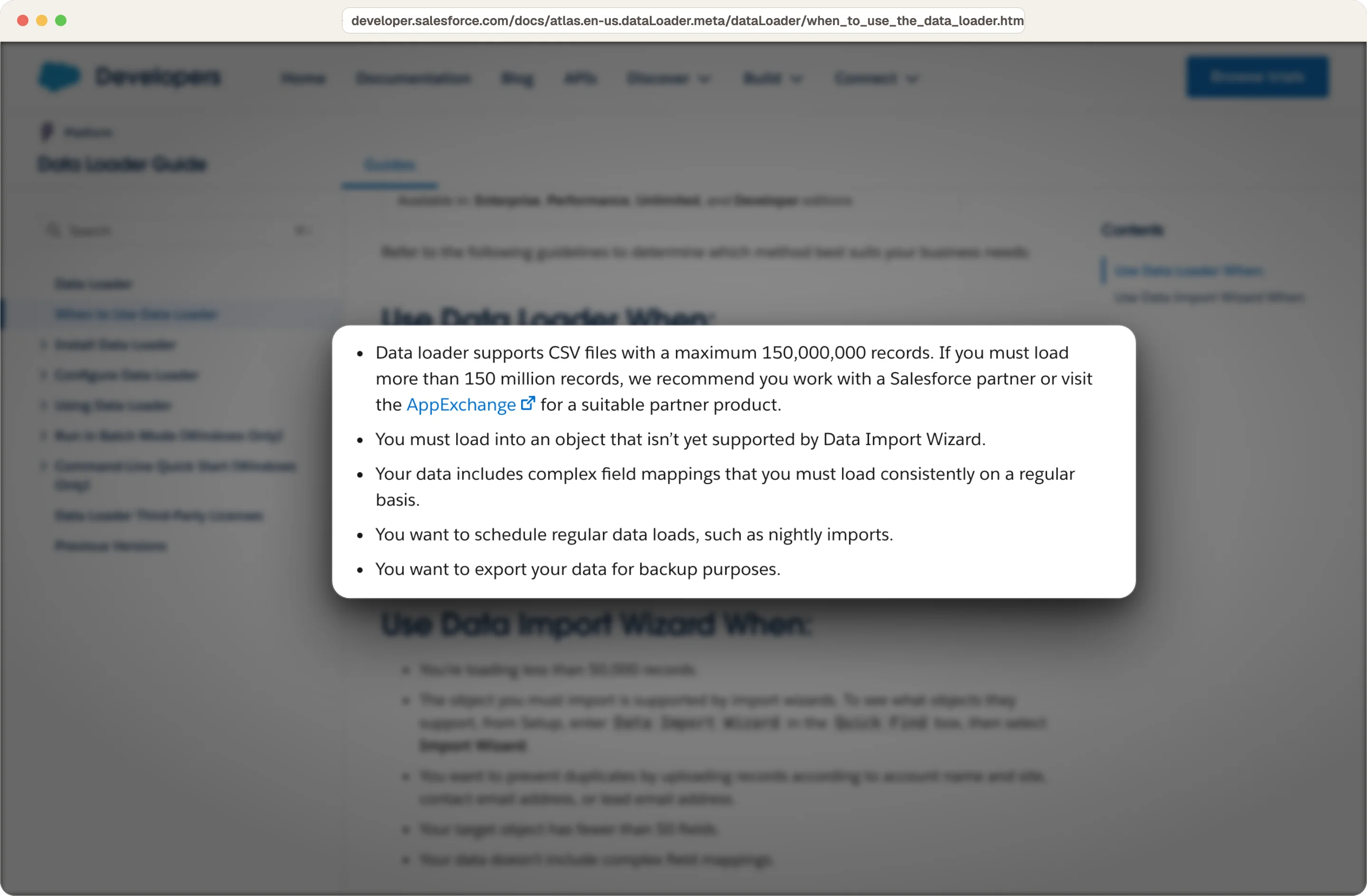 Salesforce guidance on when to use Data Loader, including its 150 million record CSV limit