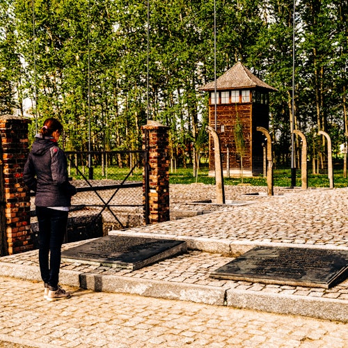 A person stands by a gate with plaques on a cobblestone path, facing a wooden watchtower surrounded by trees.