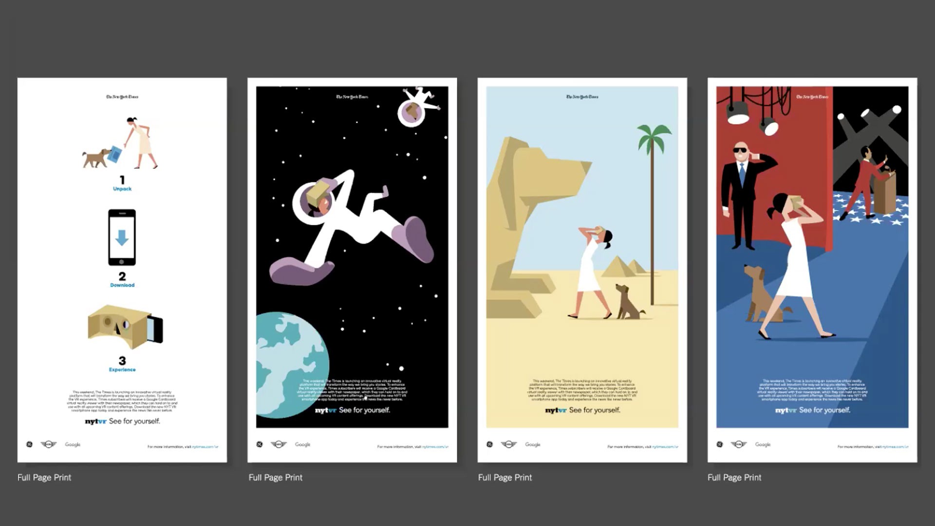 four illustratrated newspaper spreads