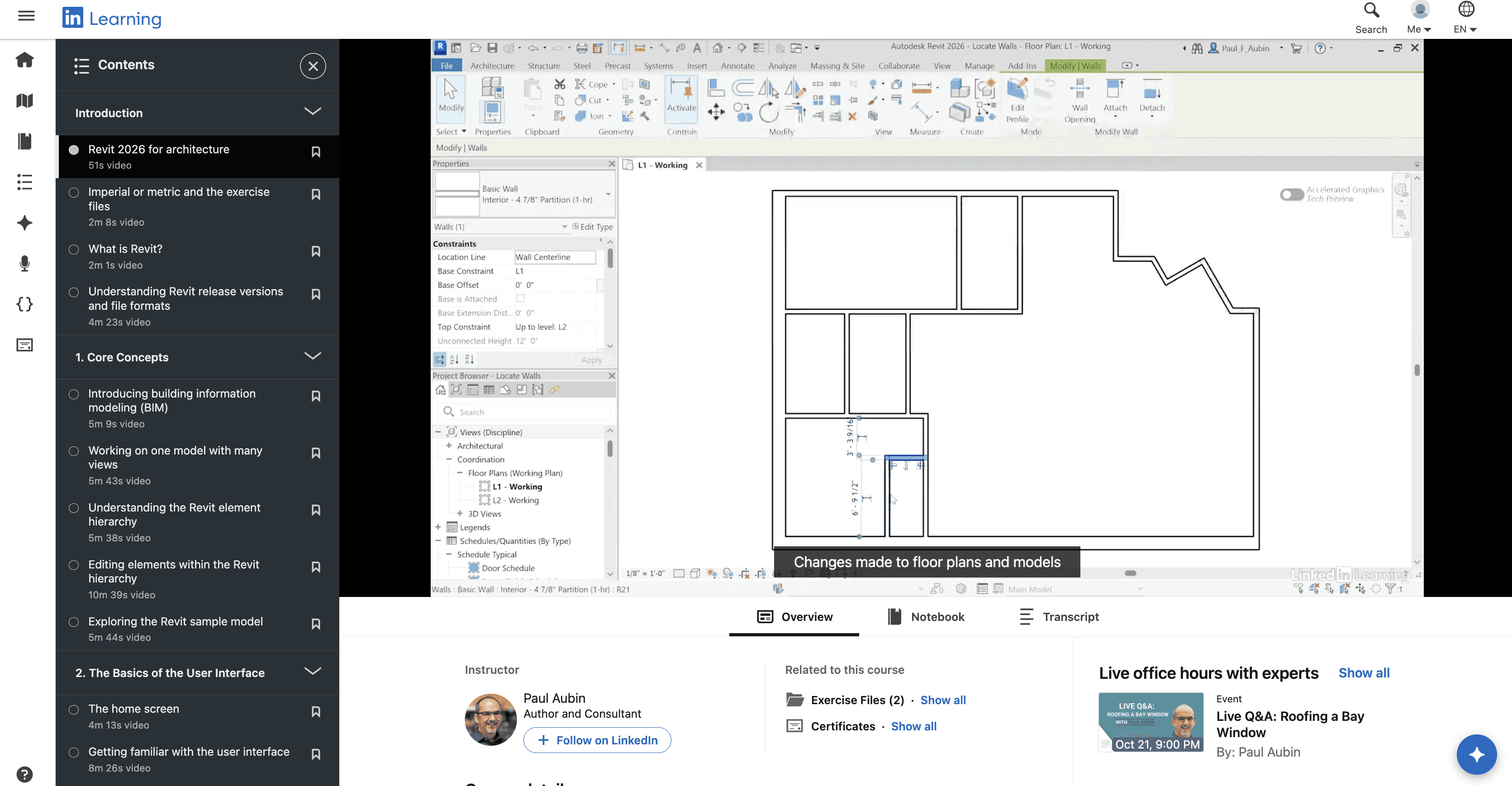 LinkedIn Learning Revit 2026 Essential Training for Architects course interface