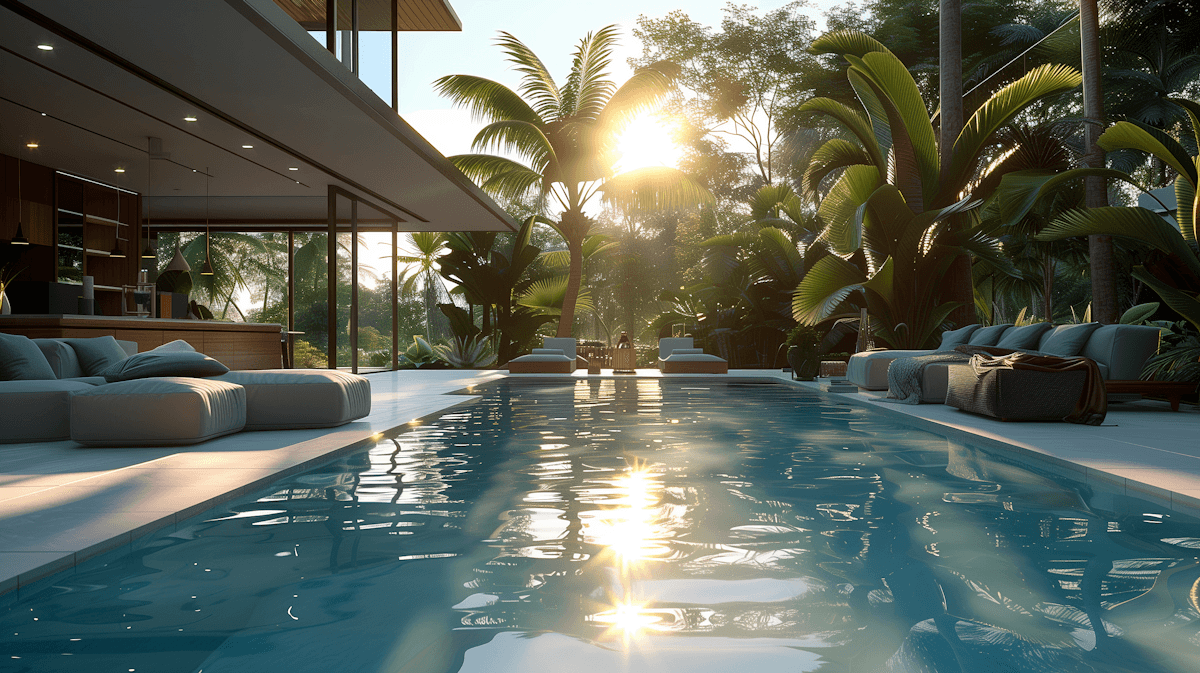 Luxury outdoor swimming pool beside a modern villa, surrounded by tropical plants, poolside loungers, and warm sunlight reflecting on the water.