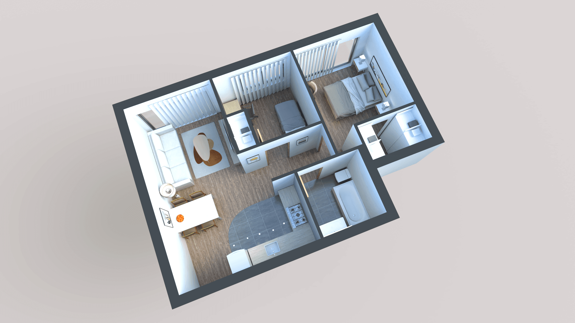 3D model of a two-bedroom apartment showcasing furniture arrangement and room layout.