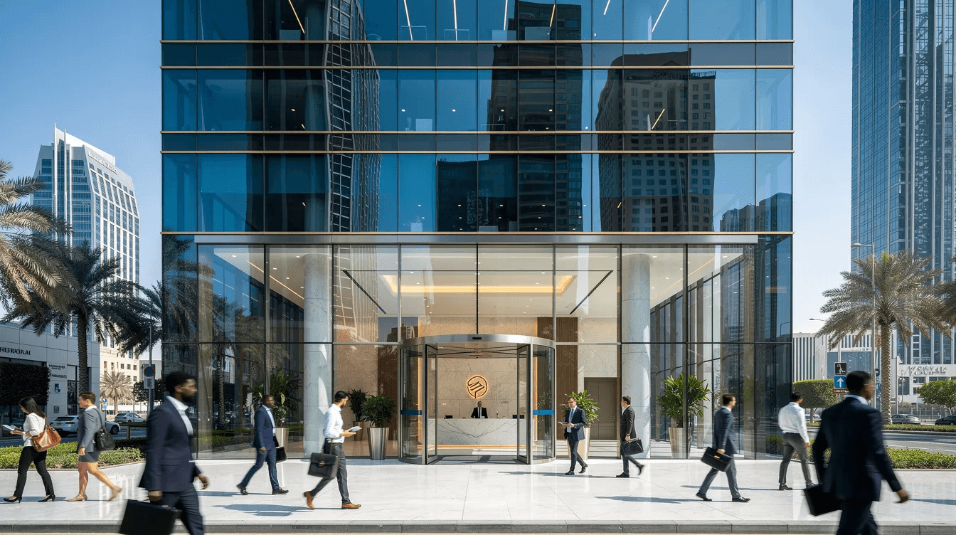 The image depicts a modern glass-walled office building in Dubai, showcasing a sleek corporate lobby filled with people entering and exiting. This vibrant scene reflects the dynamic atmosphere of a design agency in Dubai, where innovative solutions and strategic expertise are essential for businesses seeking a competitive edge.