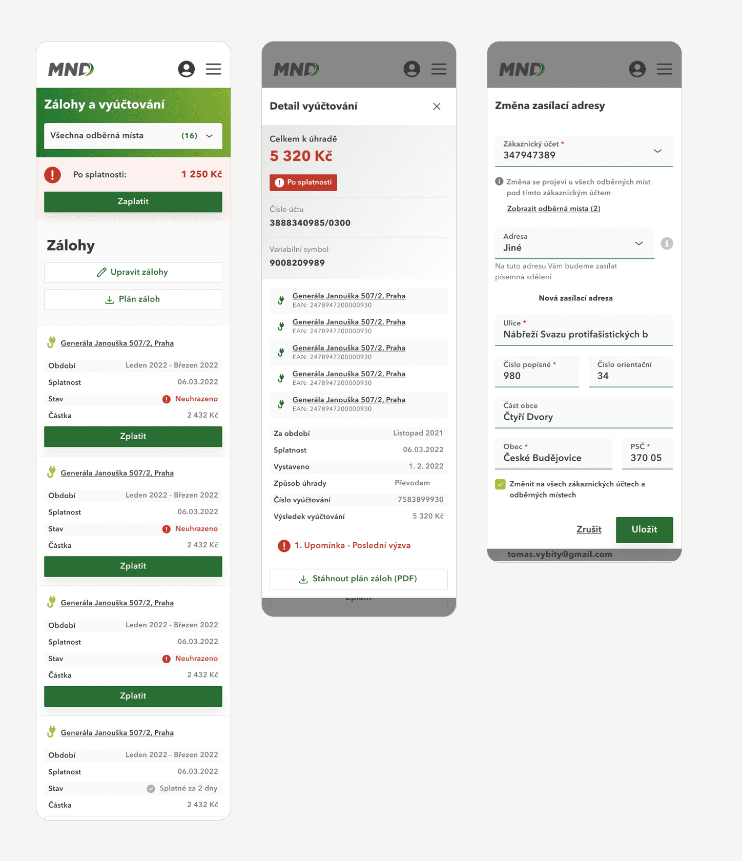 Mobilní přehled záloh a vyúčtování, detail vyúčtování a formulář změny zasílací adresy.