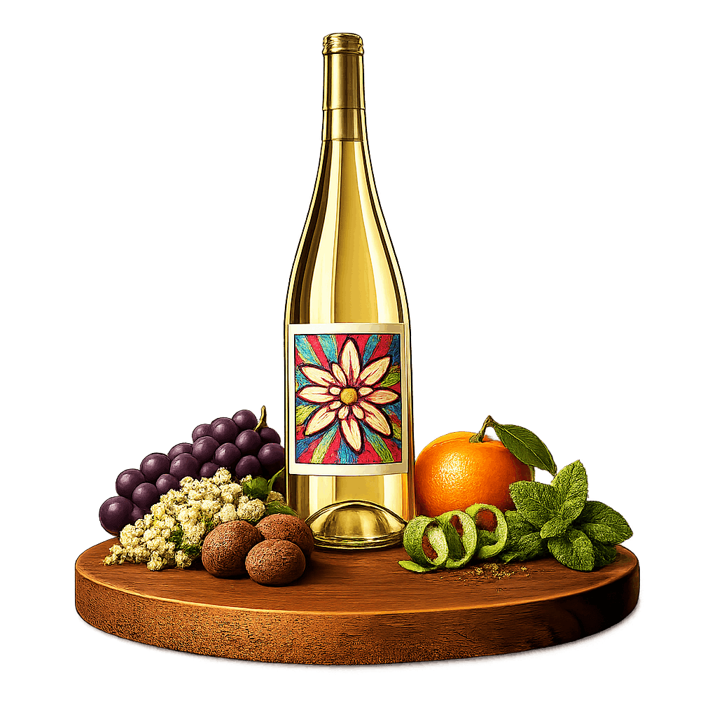 Artistic label and flavor profile for Austrian Muskateller on a rustic wooden table.