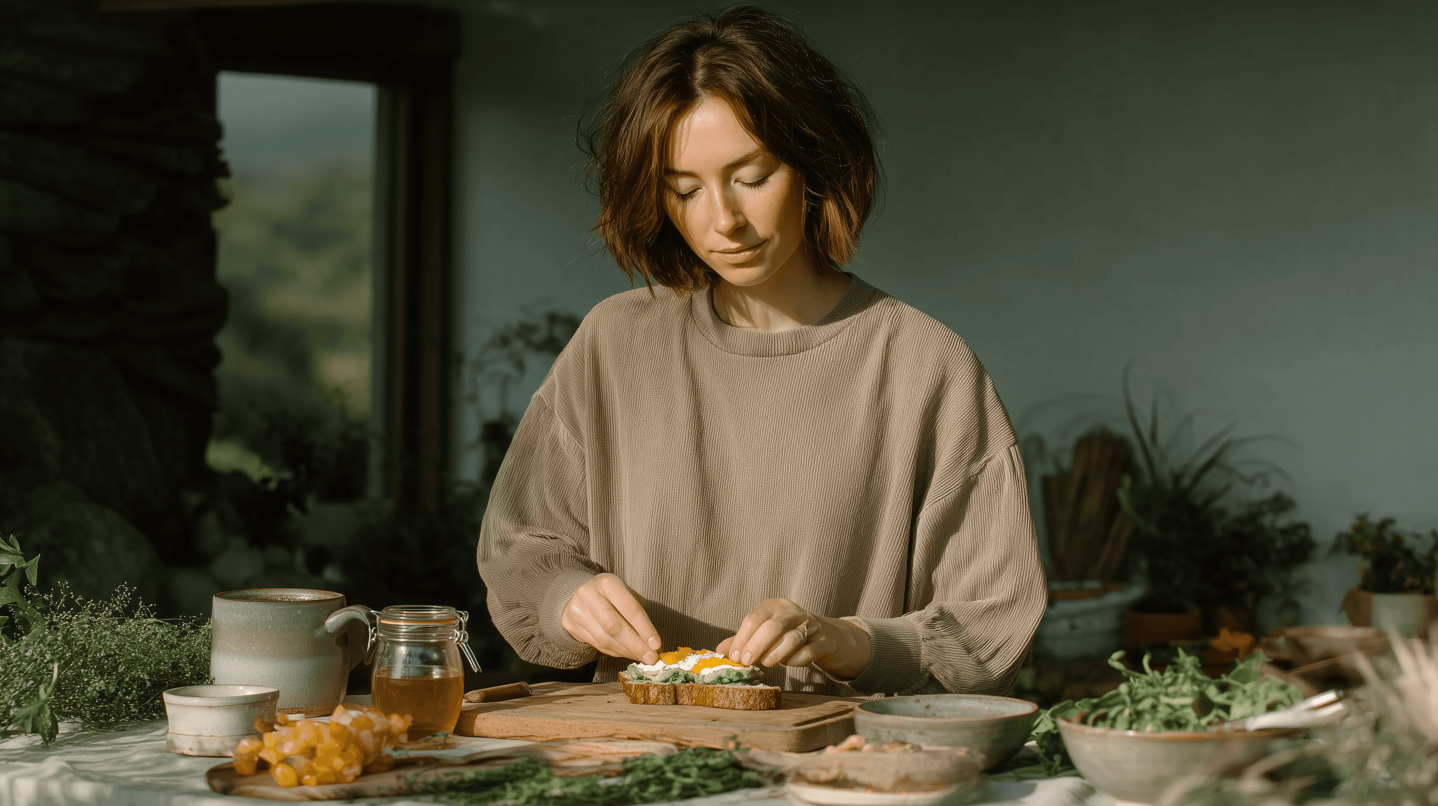 Woman preparing a healthy meal with fresh ingredients and herbal tea in a cozy kitchen filled with natural light.