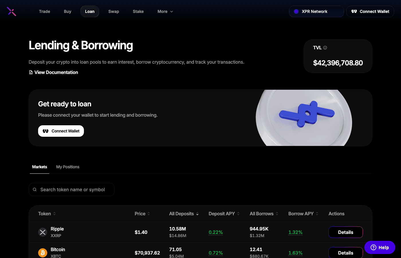 Metal X Lending — markets and supply/borrow UI