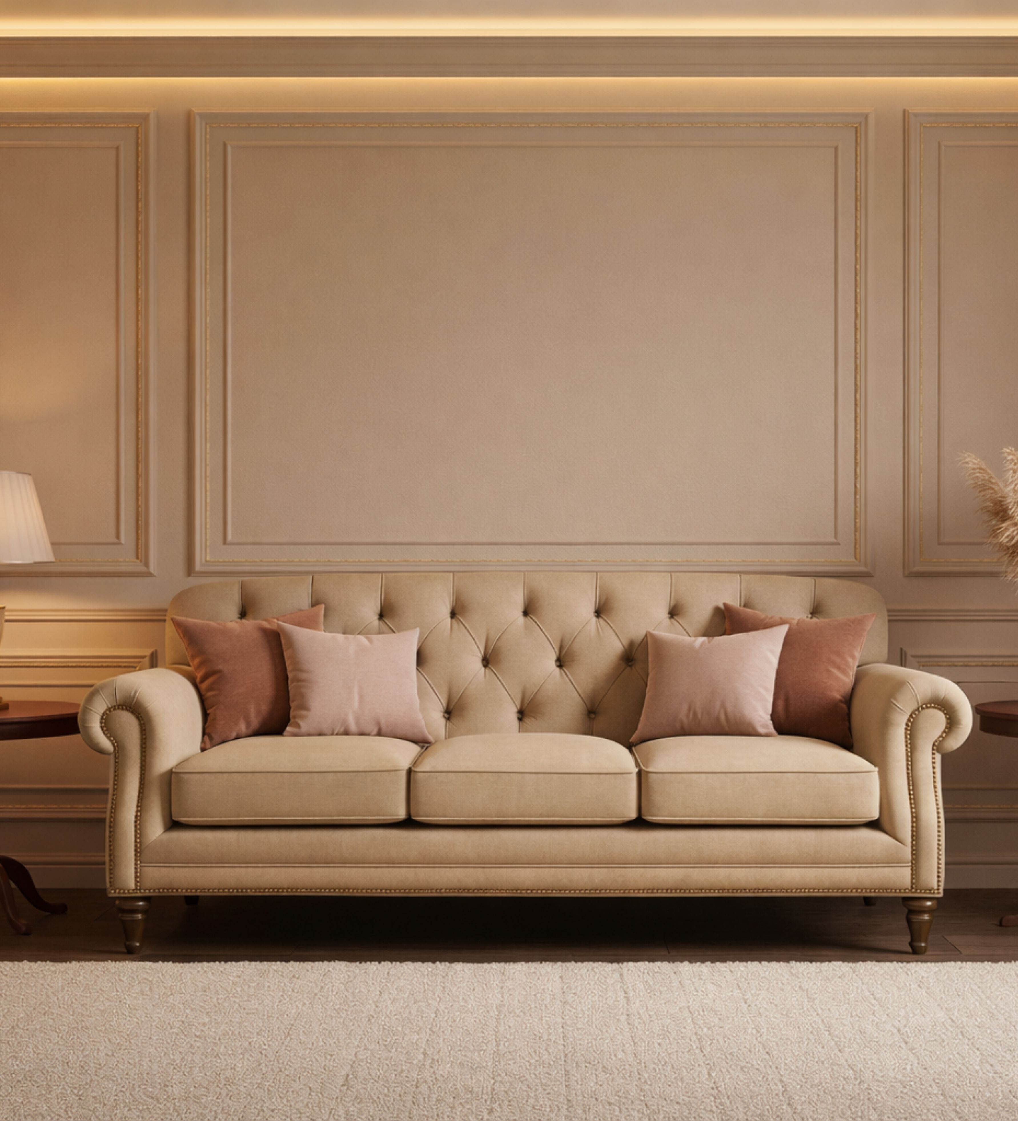 A formal three‑seater with a tufted backrest and a strong, architectural stance.