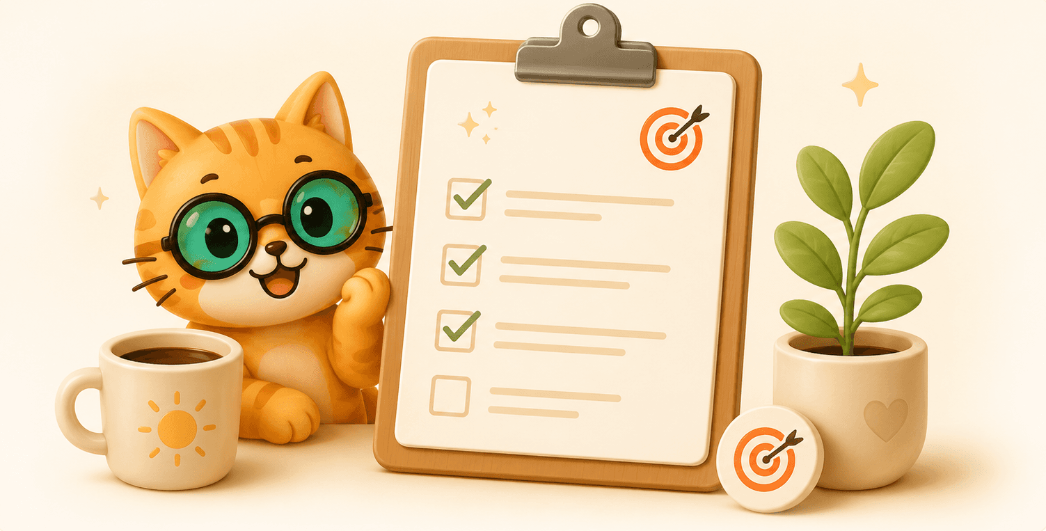 cute tabby cat wearing green glasses next to a goal checklist board