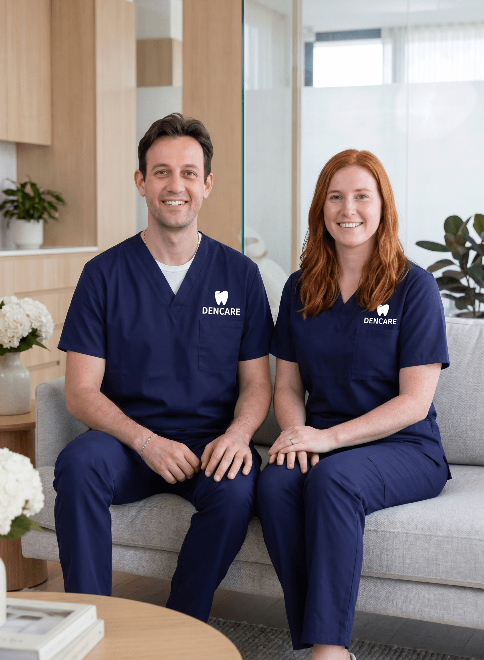Two dentists sit on a greay sofa in a room that looks like a waiting room with some plants and magazines.