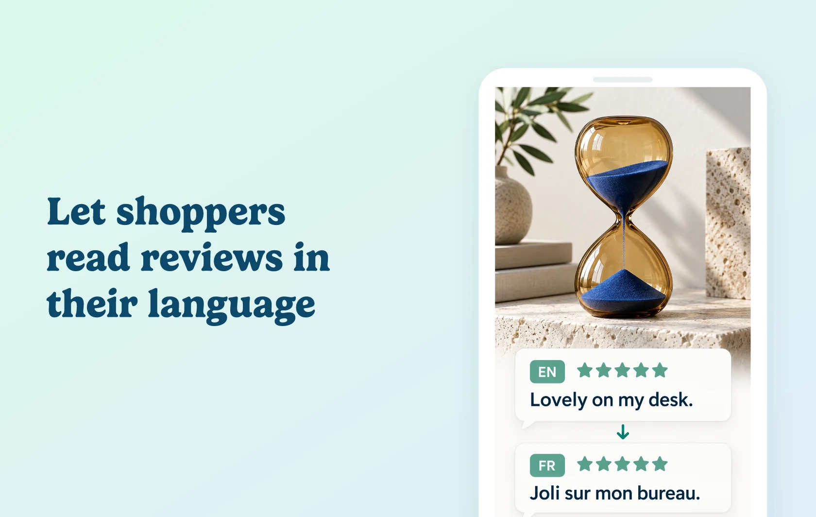 Judge.me and Translation Lab integration: illustration of an hourglass product review shown in English and French with matching stars.
