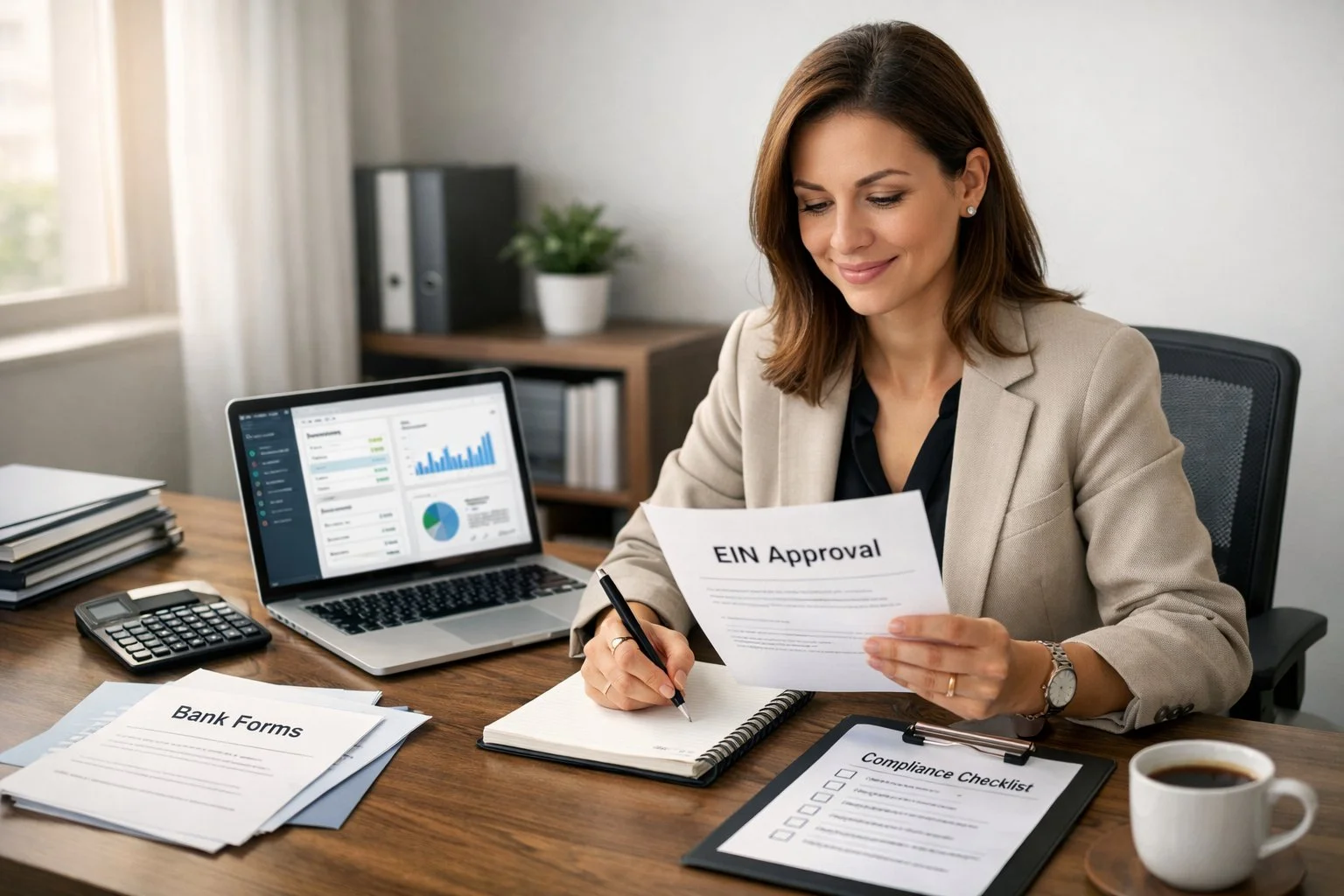 Modern workspace with an entrepreneur reviewing EIN approval, planning next steps after getting an EIN