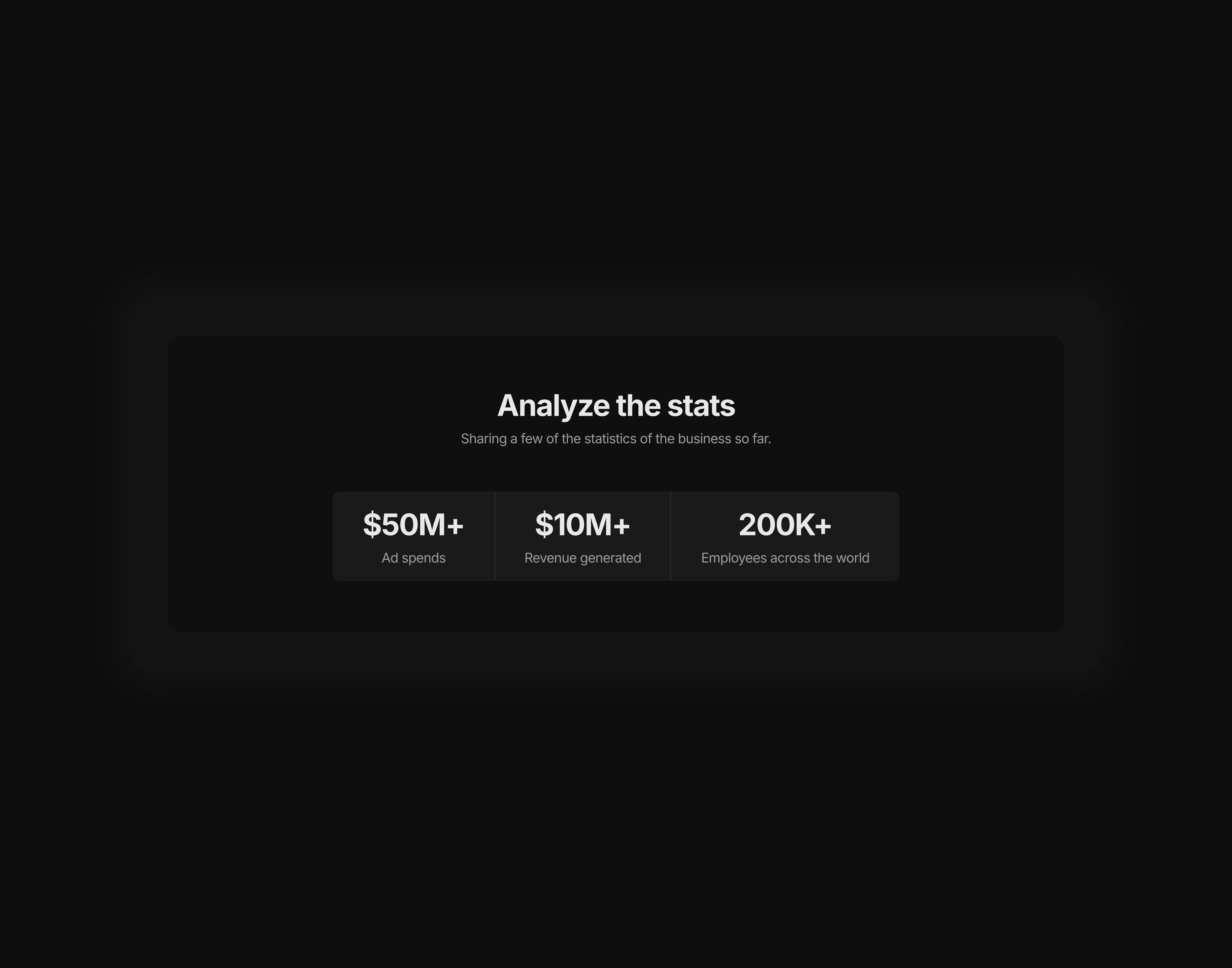 A dark themed stats section with heading and supportive paragraph, optimized for desktop screens