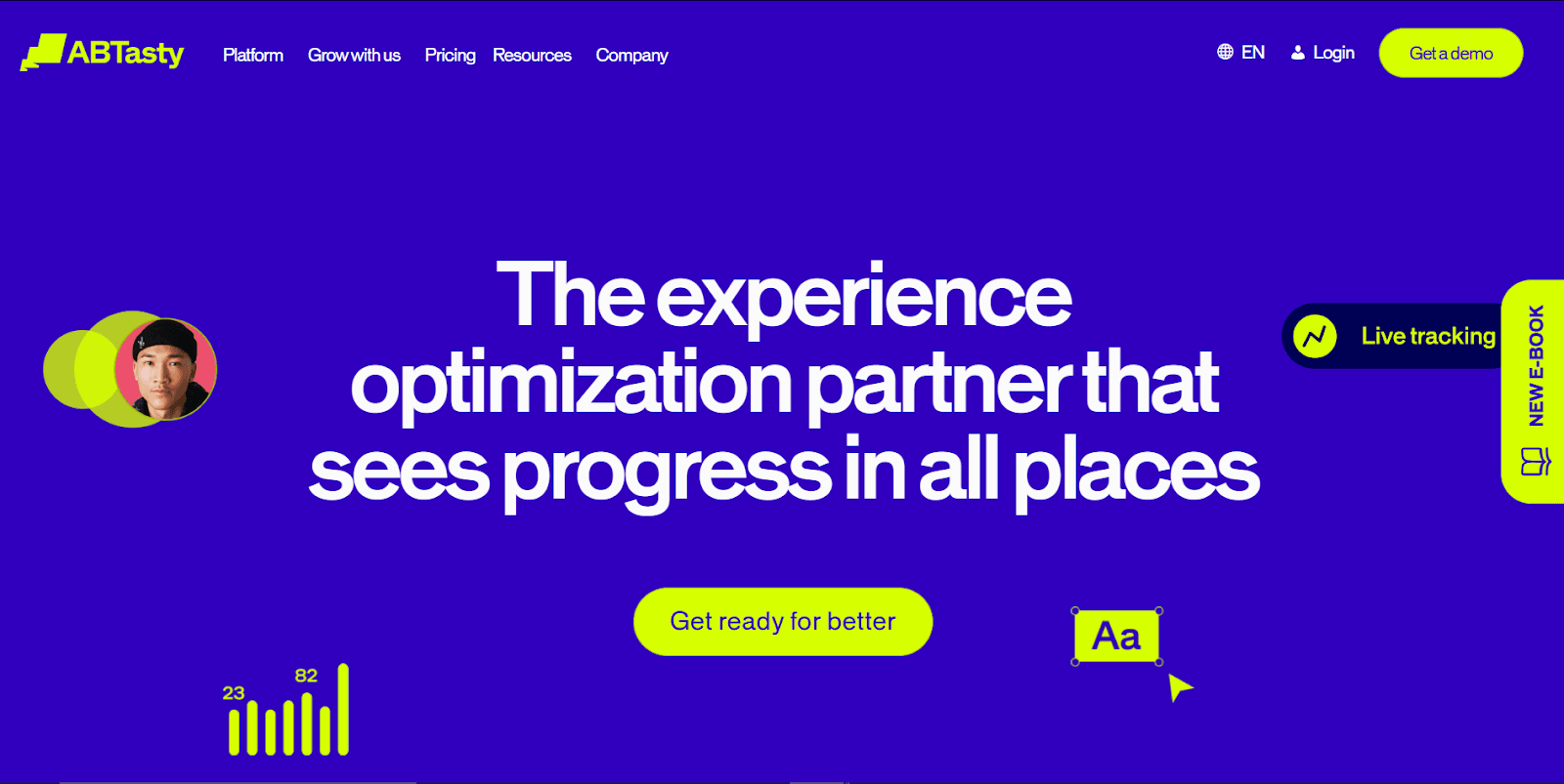 AB Tasty homepage highlighting experience optimization and progress tracking.