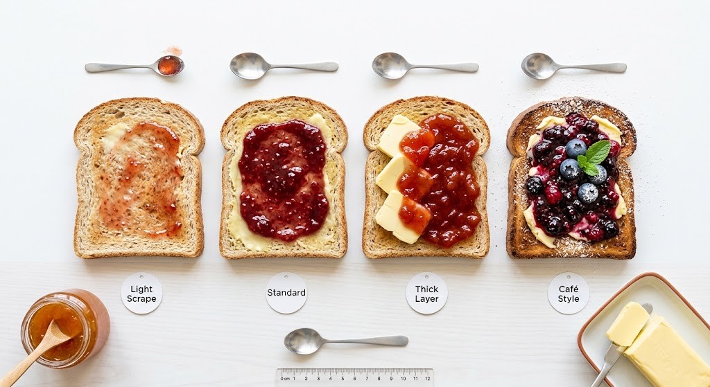 A top-down comparison photo of four slices of toast with different amounts of butter and jam for calorie awareness, ranging from a "Light Scrape" to a generous "Café Style" serving, with spoons and measuring tools for scale.