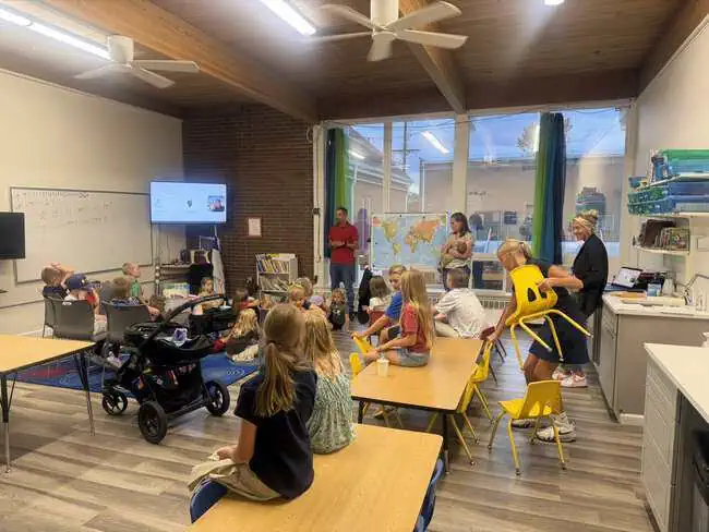 Children and leaders gathered for a Kingdom Explorers classroom activity