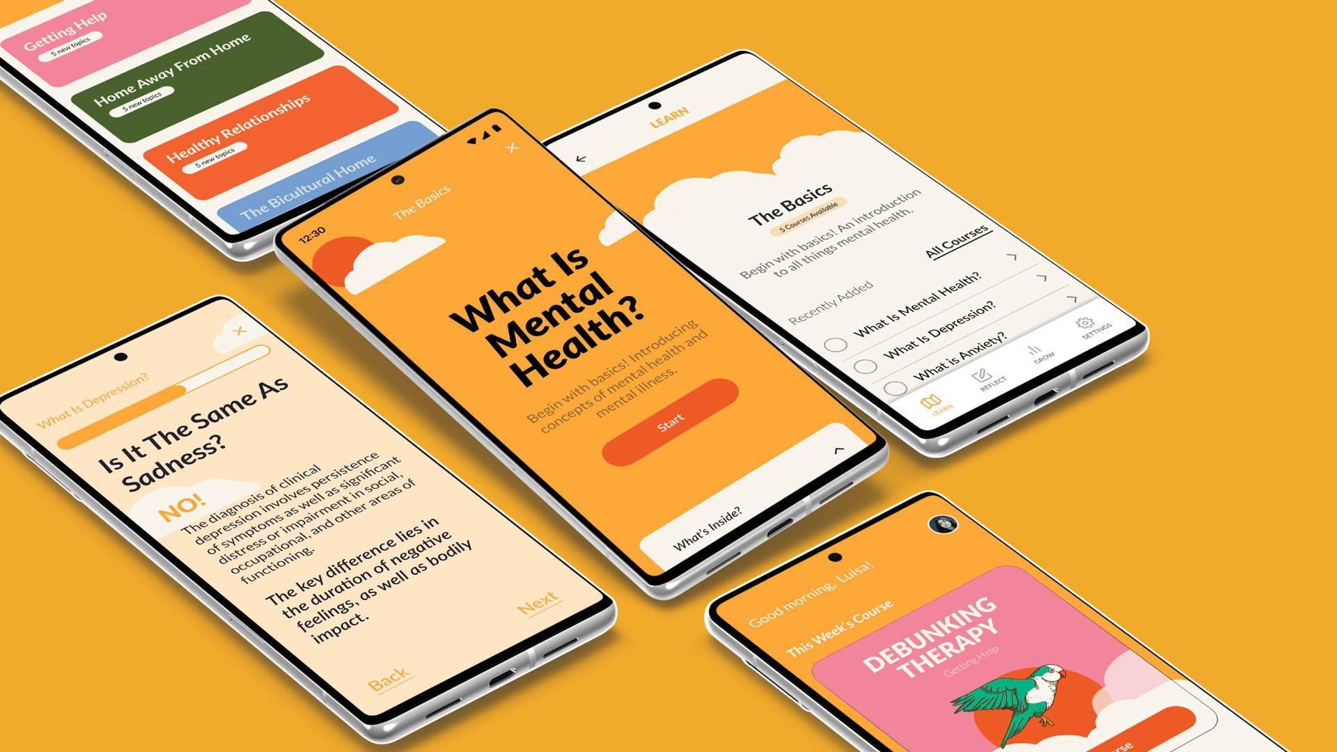 Five smartphones display screens related to mental health education. The screens show titles such as “What Is Mental Health?”, “The Basics”, “What Is Anxiety?”, “Is It The Same As Sadness?”, and “This Week’s Course”. Each screen includes text, buttons, and icons related to mental health topics.