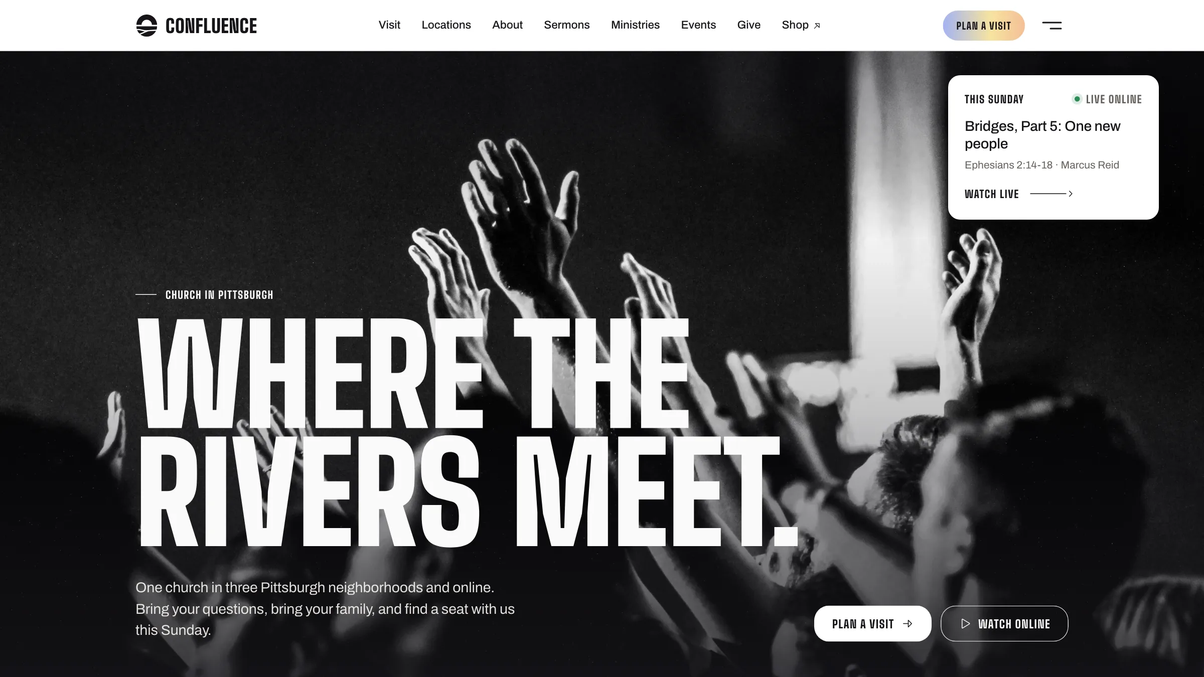 Confluence Church template home page with a black and white worship photo and the headline Where the rivers meet