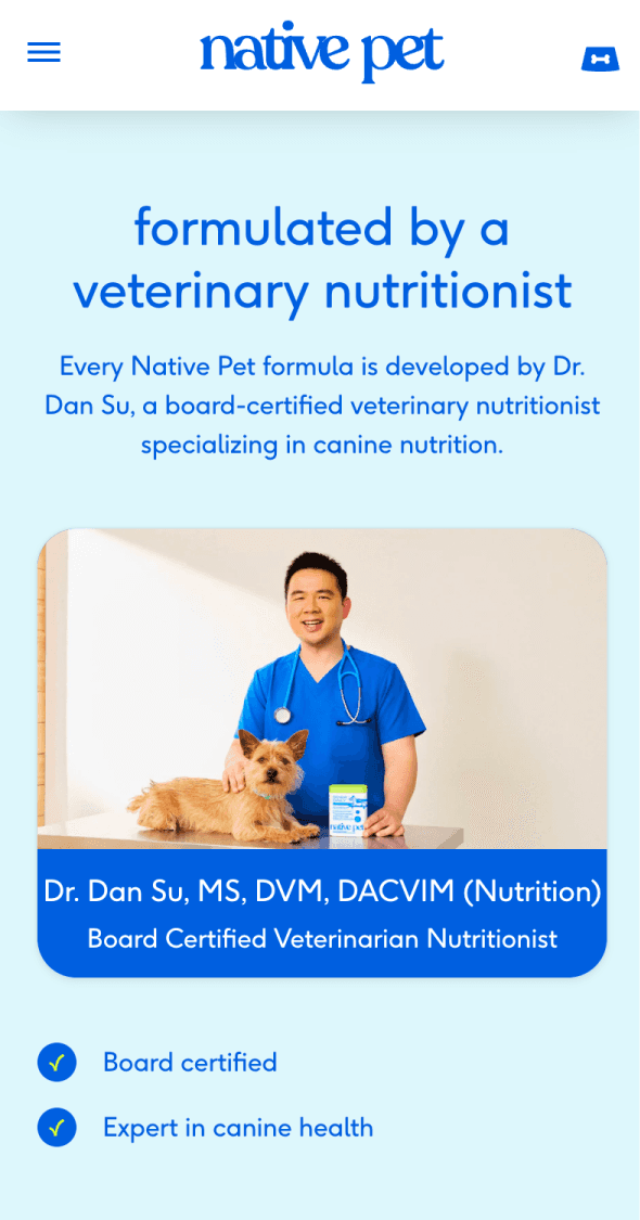 Mobile product education page for Native Pet featuring veterinary expert
